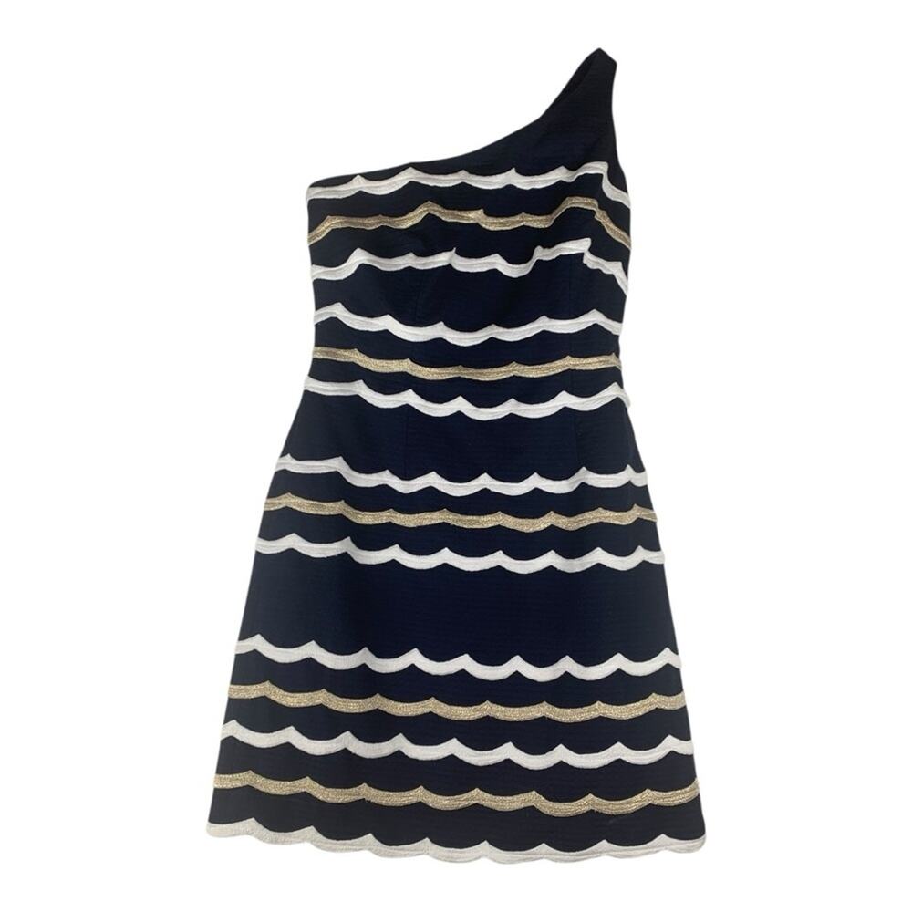 Lilly Pulitzer size 4 small one shoulder blue gold Dress stripe sirens guest